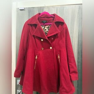Laundry By Shelli Segal Vibrant Red Pea Coat with Gold Details